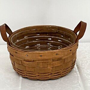Longaberger Wooden Button Basket 1984‎ With Handles & Plastic Insert 6.75"x3.25"